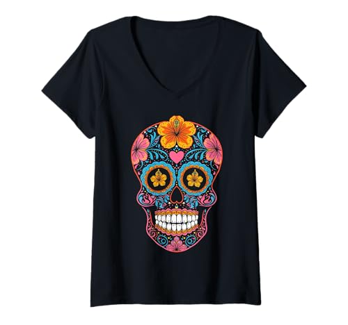 Damen Sugar Skull Calavera Halloween T-Shirt mit V-Ausschnitt Damen Sugar Skull Calavera Halloween T-Shirt mit V-Ausschnitt von Calavera Halloween Sugar Skull Tees Apparel