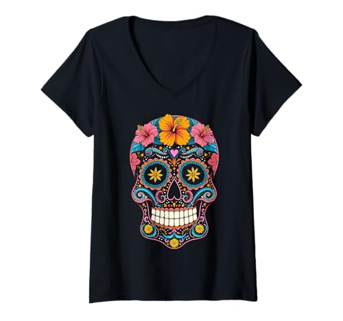 Damen Halloween-Zuckerschädel Calavera T-Shirt mit V-Ausschnitt von Calavera Halloween Sugar Skull Tees Co