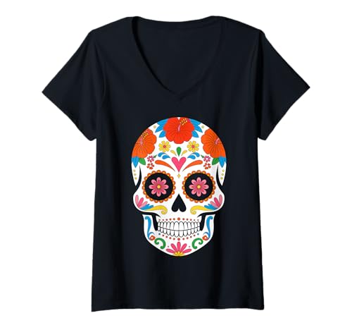 Damen Sugar Skull Calavera Halloween T-Shirt mit V-Ausschnitt von Calavera Halloween Sugar Skull Tees Co