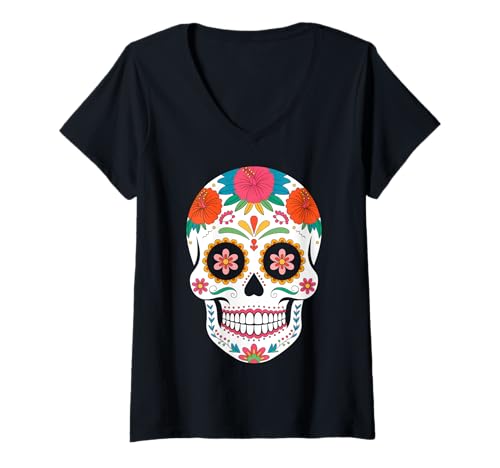 Damen Sugar Skull Calavera Halloween T-Shirt mit V-Ausschnitt von Calavera Halloween Sugar Skull Tees Co