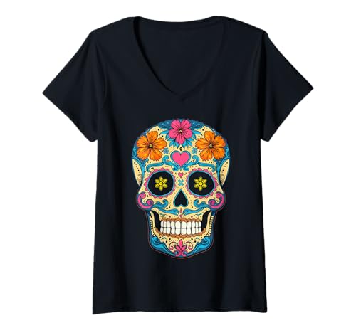 Damen Halloween-Zuckerschädel Calavera T-Shirt mit V-Ausschnitt von Calavera Sugar Skull Halloween Costumes Tees