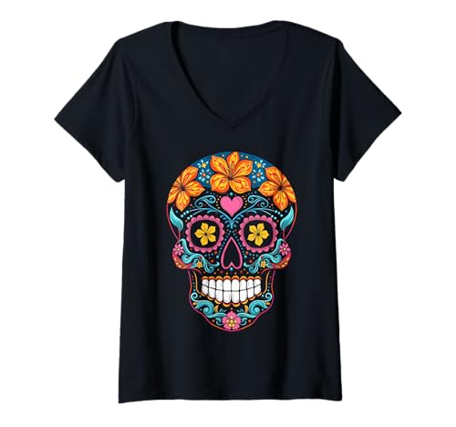 Damen Halloween-Zuckerschädel Calavera T-Shirt mit V-Ausschnitt von Calavera Sugar Skull Halloween Costumes Tees