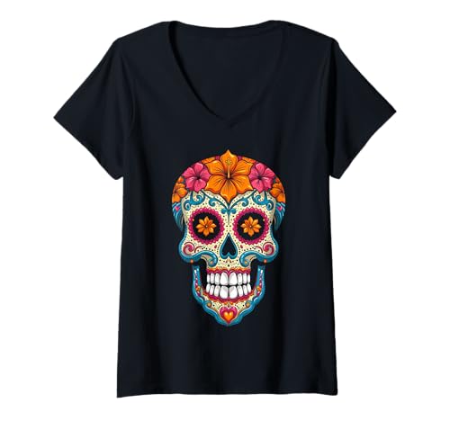 Damen Halloween-Zuckerschädel Calavera T-Shirt mit V-Ausschnitt von Calavera Sugar Skull Halloween Costumes Tees