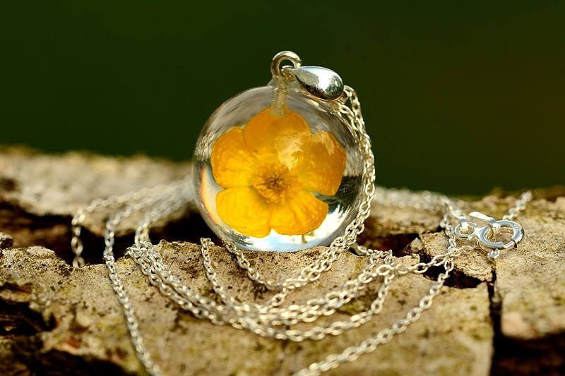 Harz Schmuck. Filigraner Anhänger Mit Echtem Bauchigen Hahnenfuß | Ranunculus Bulbosus Im Harz. Kugel 2 cm. Kette 70 Harz Schmuck. Filigraner Anhänger Mit Echtem Bauchigen Hahnenfuß | Ranunculus Bulbosus Im Harz. Kugel 2 cm. Kette 70 von Caldesia