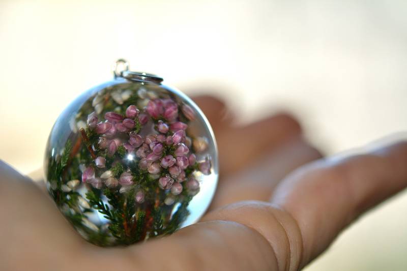 Heidekraut Harz Anhänger, Echte Calluna Vulgaris Halskette, Blumenschmuck, Rosa Und Weiße Anhänger. Kugel 4 cm. Hexenkette Heidekraut Harz Anhänger, Echte Calluna Vulgaris Halskette, Blumenschmuck, Rosa Und Weiße Anhänger. Kugel 4 cm. Hexenkette von Caldesia