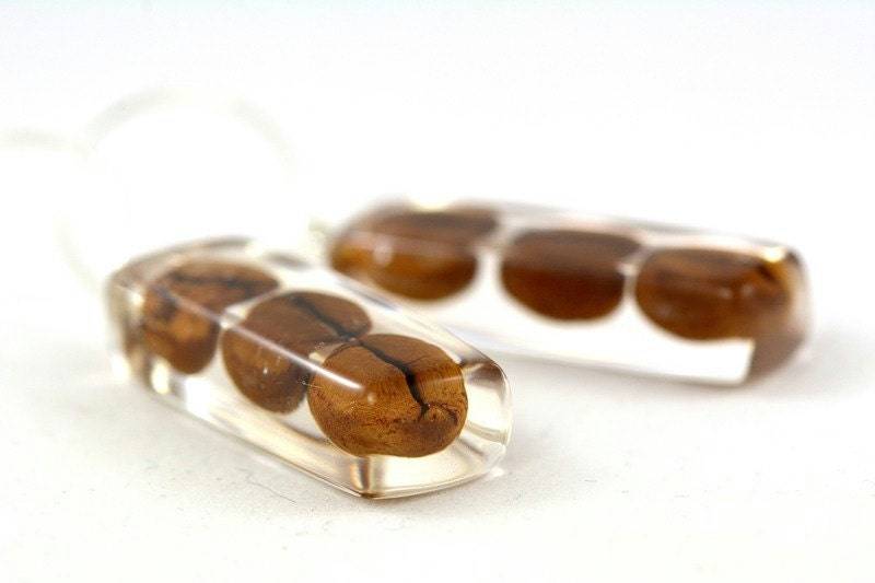 Kaffeebohnen Ohrringe, Silber Ohrringe Mit Echten in Zügel, Harz Schmuck, Große von Caldesia