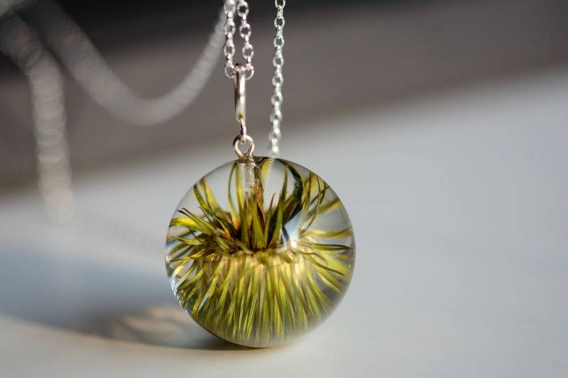 Klettenanhänger, Grüner Harzanhänger, Echte Klettenharzanhänger, Silberanhänger, Echte Pflanzen Schmuck, Sphere 3.4 cm. Kette 80 Klettenanhänger, Grüner Harzanhänger, Echte Klettenharzanhänger, Silberanhänger, Echte Pflanzen Schmuck, Sphere 3.4 cm. Kette 80 von Caldesia