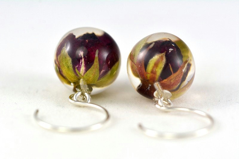 Rote Rosen Ohrringe, Echte Pflanzenharz Schmuck, Grüne Und Harz Zarte Rose, Kugeln 1, 4 cm, Silber Haken Rote Rosen Ohrringe, Echte Pflanzenharz Schmuck, Grüne Und Harz Zarte Rose, Kugeln 1, 4 cm, Silber Haken von Caldesia