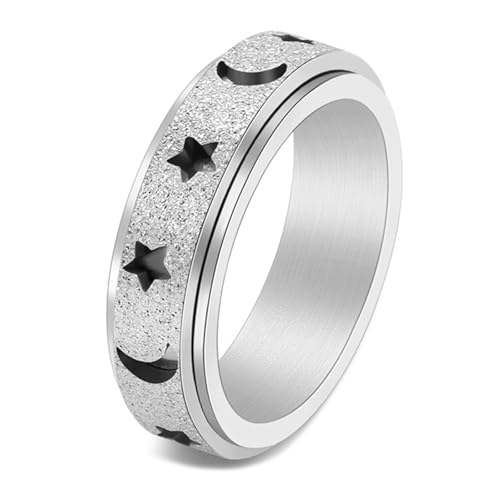 Calefee Antistressringe Drehbar, Ring Damen Verlobungsring Bandring Matt mit Mond Und Stern Breit 6 mm Rehbar, Größe 67 von Calefee
