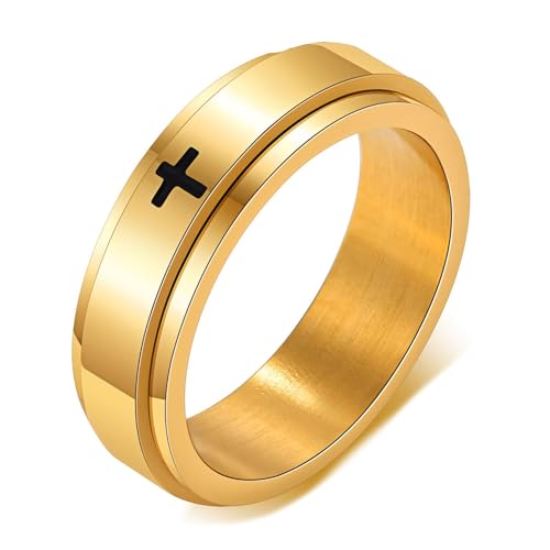 Calefee Anxiety Ring Damen Anti Stress, Ringe für Herren mit Gravur Edelstahl Bandring Breit 6 mm 8 mm Drehbar Gold mit Kreuz, Größe 67 von Calefee