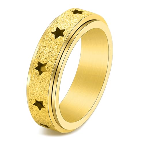 Calefee Anxiety Ring Edelstahl Anti Stress, Verlobungsringe Damen Schlicht Goldfarbenes Bandring mit Stern Matt Drehbar 6 mm Breit, gr. 57 von Calefee