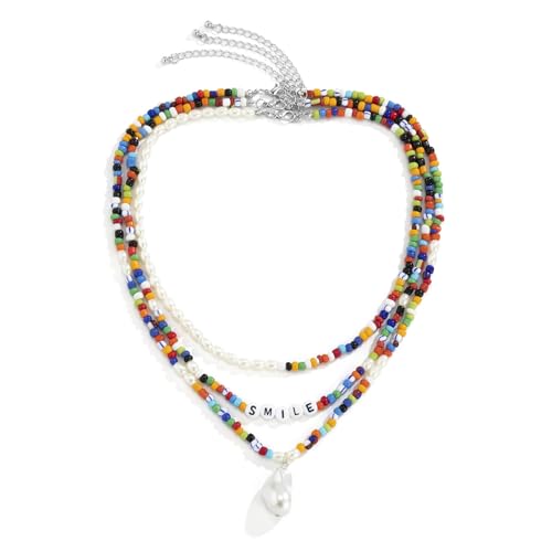 Calefee Bunte Halskette Perlen Herren, Mehrlagige Kette Perlen mit Buchstabe und Anhänger, Halskette Boho Style Bunt 47cm Lang Verstellbar von Calefee