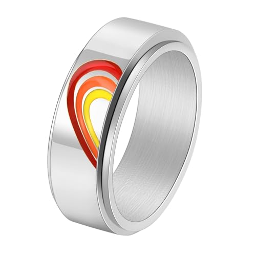 Calefee Drehringe Damen Anti Stress, Verlobungsring Herren mit Gravur Edelstahl Bandring Breit 8 mm Drehbar mit Herz Regenbogen, Größe 65 von Calefee