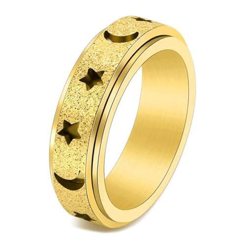 Calefee Drehringe für Damen Anti Stress, Ringe für Herren mit Gravur Edelstahl Bandring Matt mit Mond Und Stern Breit 6 mm Rehbar, gr. 60 von Calefee