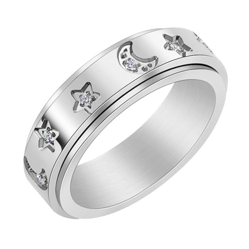 Calefee Drehringe für Herren Anti Stress, Eheringe Damen Einzeln Schlicht Drehbar Stern Und Mondband 6 mm mit Zirkonia, gr. 60 von Calefee