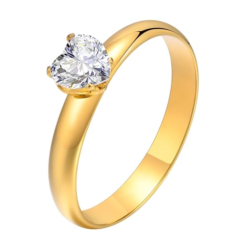 Calefee Ehering Damen Einzeln Schlicht, Ring Personalisierbar Damen Edelstahl 3 mm Breit mit Herz-Zirkonia, gr. 52 von Calefee