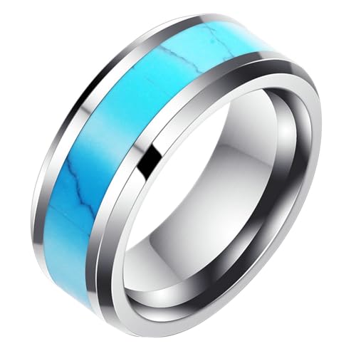 Calefee Ehering Damen Einzeln Schlicht, Ringe für Herren mit Gravur Edelstahl Bandring Breit 8 mm mit Türkis, Größe 57 von Calefee