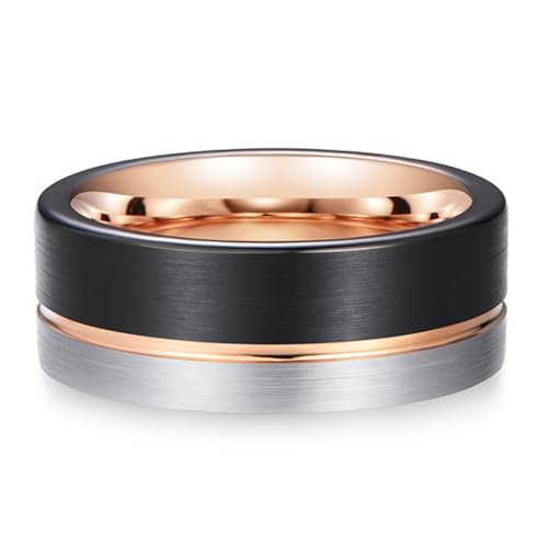 Calefee Ehering Herren Einzeln Schlicht, Wolfram Ring mit Gravur Bandring Matt Gebürstet Zweifarbig 8 mm Breit mit Rille, gr. 67 von Calefee