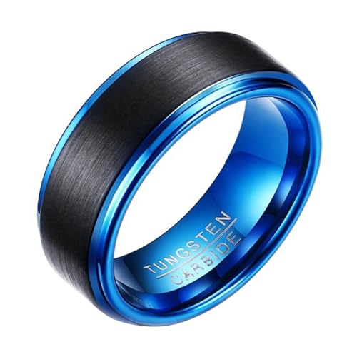 Calefee Ehering Herren Einzeln Schlicht, Wolframringe für Trauung Modeschmuck Bandring Breit 8 mm Blau-Schwarz Matt Gebürstet, Größe 62 von Calefee