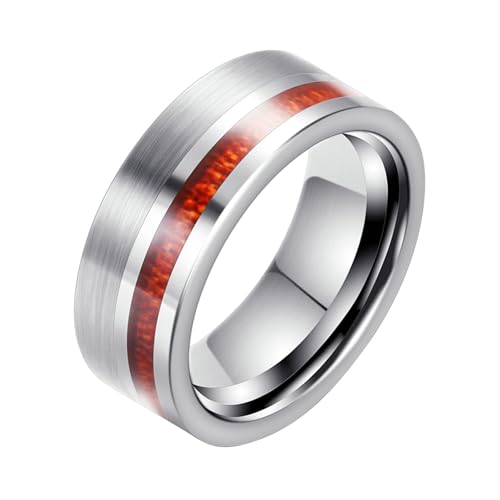 Calefee Eheringe Damen Einzeln Schlicht, Ring Wolfram Herren Verlobungsring 8 mm Bandring Matt Gebürstet mit Holz, gr. 57 von Calefee