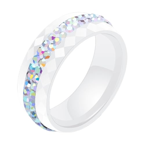 Calefee Eheringe Herren Einzeln Schlicht, Keramik Ring Weiss Personalisiert Bandring Facettiert 8 mm Breit mit 2 Reihen Zirkonia, Größe 60 von Calefee