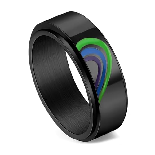 Calefee Fidget Ring Edelstahl Anti Stress, Eheringe Damen Einzeln Schlicht Bandring Breit 8 mm Drehbar mit Herz Regenbogen Schwarz, Größe 62 von Calefee