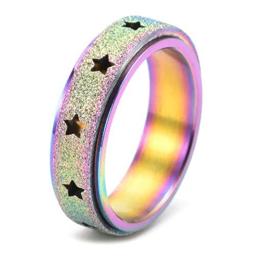 Calefee Fidget Ring Edelstahl Anti Stress, Ringe für Herren mit Gravur Edelstahl Regenbogen Drehbar Bandring mit Stern 6 mm Breit, Größe 54 von Calefee