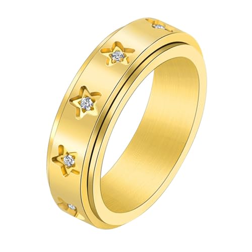 Calefee Fidget Ring Herren Anti Stress, Personalisierte Ringe Damen Edelstahl Drehbar Sternband 6 mm Breit mit Zirkonia, Größe 62 von Calefee