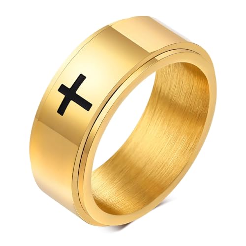 Calefee Fidget Ring Herren Anti Stress, Ring Personalisiert Damen Edelstahl Bandring Breit 6 mm 8 mm Drehbar Gold mit Kreuz, gr. 65 von Calefee