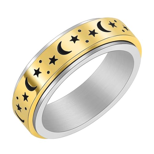 Calefee Fidget Ring Spinner Anti Stress, Verlobungsringe Damen Schlicht Bandring Drehbar mit Stern Mond 6 mm Breit, Größe 54 von Calefee