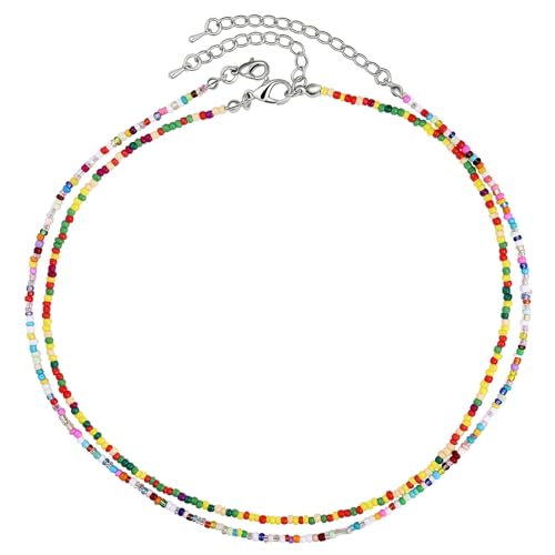 Calefee Halskette Bunte Perlen Herren, Kette 2 Reihig Bunte Glassteine Damen 43 cm Lang Verstellbar, Modeschmuck Halskette Boho von Calefee