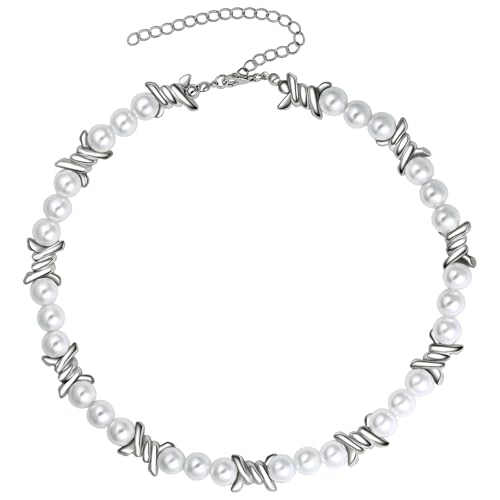 Calefee Halskette Herren Perlen, Perlenkette Damen Weiß mit Metall Verstellbar 55 cm Lang, Modeschmuck Halsketten von Calefee