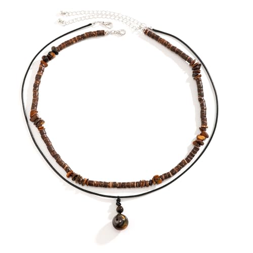 Calefee Halskette Holzperlen Herren, Surfer Halskette Damen Zweireihig mit Steinanhänger 52 cm Lang Verstellbar, Boho Kette Modeschmuck von Calefee