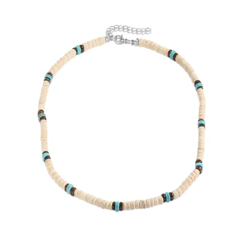 Calefee Halskette Holzperlen Weiß, Surfer Halskette Herren mit Türkis 50 cm Lang Verstellbar, Boho Kette Herrenschmuck von Calefee