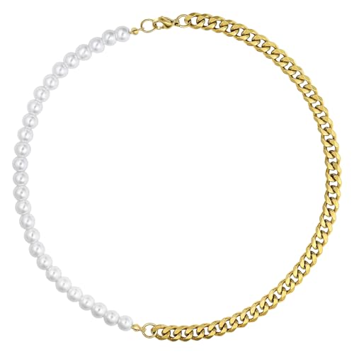 Calefee Halskette Männer Perlen, Perlenkette Damen mit Gold Panzerkette 45 cm Lang, Herrenschmuck Halsketten von Calefee