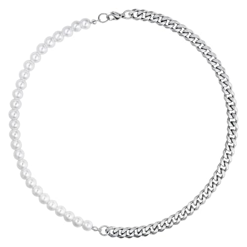 Calefee Halskette Weiß Perlen, Perlenkette Damen mit Silber Panzerkette 45 cm Lang, Herrenschmuck Halsketten von Calefee