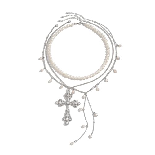 Calefee Halskette Y Form Herren, Mehrlagige Kette Perlen mit Kreuz 54 cm Lang Verstellbar, Halskette Anhänger Damen von Calefee