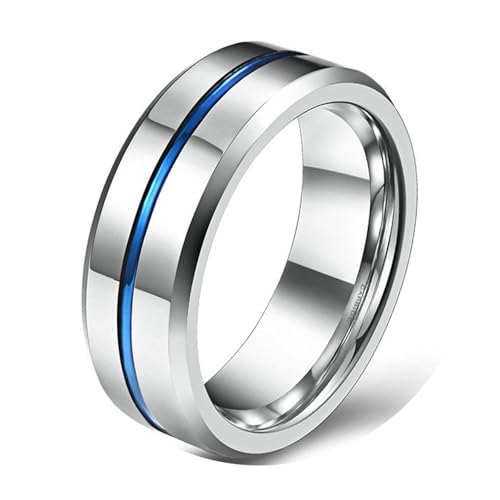 Calefee Herrenringe Schlicht Ehering, Ringe Personalisiert Herren Wolfram Bandring Breit 8 mm mit Blauer Rille, Größe 62 von Calefee