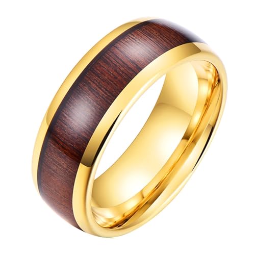 Calefee Hochzeit Ring Damen Schlicht, Wolframringe für Trauung Modeschmuck Bandring Breit 8 mm Gold mit Holz, Größe 57 von Calefee