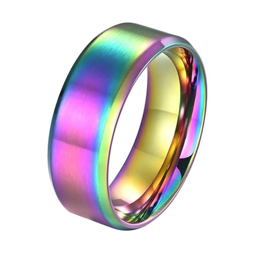 Calefee Männer Ringe Schlicht Ehering, Edelstahl Ringe Damen Personalisiert Bandring Breit 8 mm Gebürstet mit Abgeschrägter Kante Regenbogen, Größe 67 von Calefee