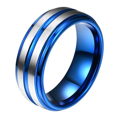 Calefee Männer Ringe Schlicht Ehering, Ring Herren Wolfram Personalisiert Silberblaues Bandring Matt Gebürstet 8 mm Breit mit Rille, Größe 65 von Calefee