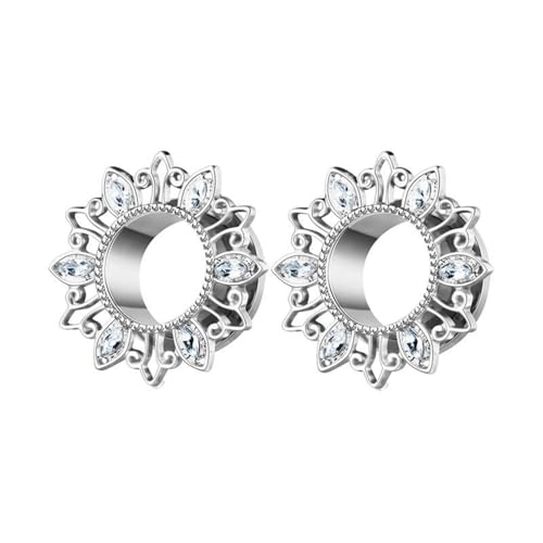 Calefee Ohr Flesh Tunnel 12mm, Edelstahl Flesh Plug Schraubgewinde Sonnenblume mit Zirkonia Ear Stretching Plugs Herren Ohrringe Piercing 2 Stücke von Calefee