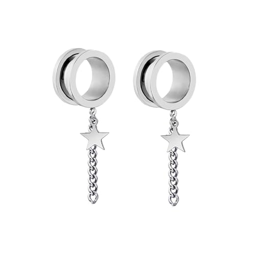 Calefee Ohr Tunnel 6mm, Ohr Flesh Plug Edelstahl Schraubgewinde mit Kette und Sternanhänger Ohr Expander für Herren Ohrringe Piercing 2 Stücke von Calefee