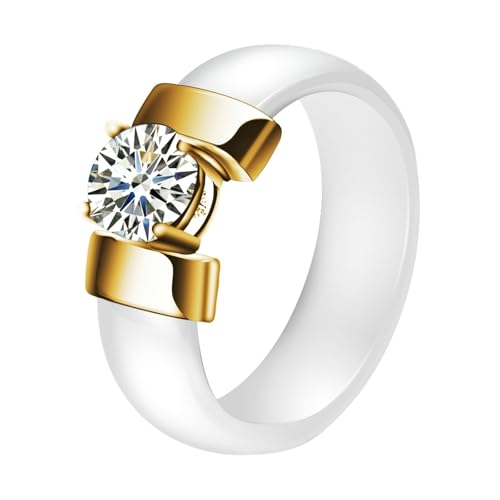 Calefee Ring Damen Verlobungsring, Ring Keramik Weiß Eheringe Solitärring Breit 6 mm mit Zirkonia, Größe 65 von Calefee