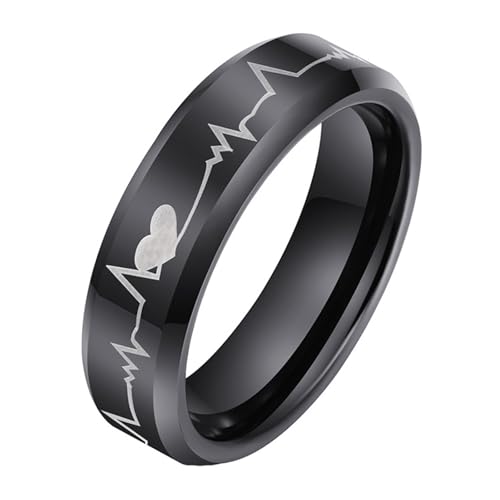 Calefee Ring Damen Verlobungsring, Ring Wolfram Herren Personalisiert Bandring Breit 6 mm mit Herzschlagmuster, Größe 60 von Calefee