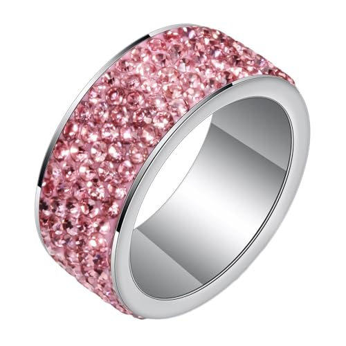 Calefee Ring Herren Verlobungsring, Edelstahl Ringe Damen Eheringe Bandring Breit 8 mm mit 5-Reihigem Zirkonia Rosa, gr. 52 von Calefee