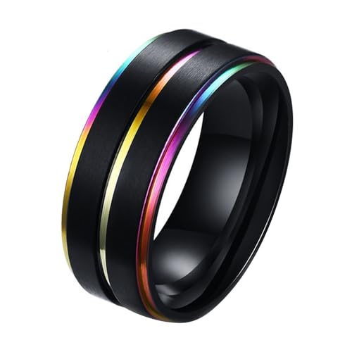 Calefee Ring Herren Verlobungsring, Edelstahl Ringe Herren Personalisiert Bandring Breit 8 mm Matt Gebürstet mit Regenbogenrille, Größe 67 von Calefee