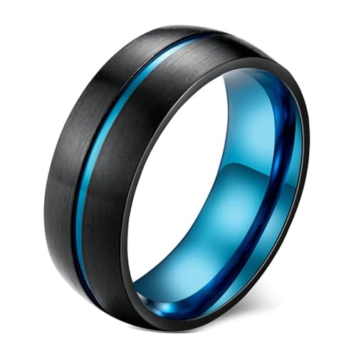 Calefee Ring Herren Verlobungsring, Ringe Herren Edelstahl Eheringe Bandring Breit 8 mm mit Blauer Rille, Größe 57 von Calefee