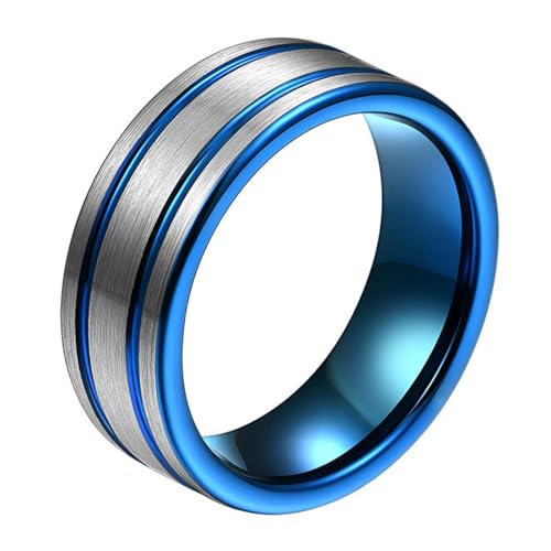 Calefee Ring Herren Verlobungsring, Wolframringe für Trauung Modeschmuck Silberblaues Bandring Matt Gebürstet Breit 8 mm mit Rille, Größe 54 von Calefee