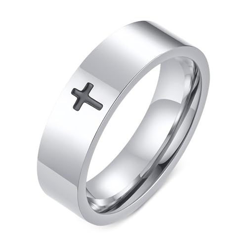 Calefee Ring Schlicht Herren Eheringe, Edelstahlringe Damen Personalisiert Silber Bandring 6 mm Breit mit Schwarzem Kreuz, gr. 67 von Calefee